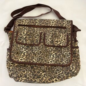 Fossil Leopard Animal Print Messenger Bag Canvas Large Brown Black Multi Pockets